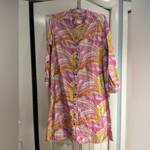 Anthropologie Pink Dress with Yellow & Orange Palm Print